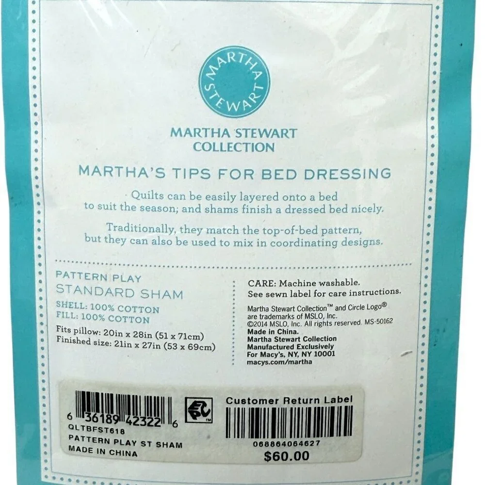 Martha Stewart Quilted Pillowcase One Standard Sham Pink White Print 100% Cotton